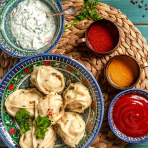 Veg Momos with Spicy Sauce